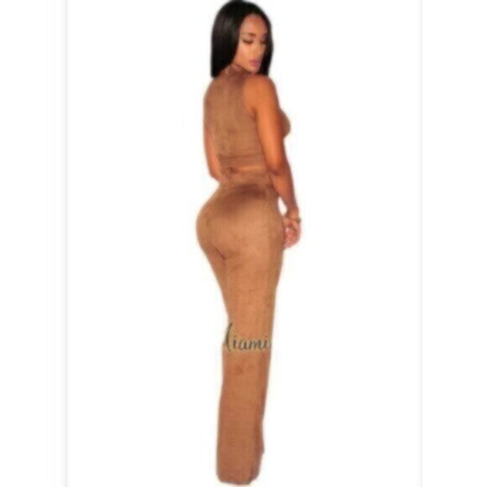 Vintage Mocha Suede Two Piece Pants Set - Crop Top